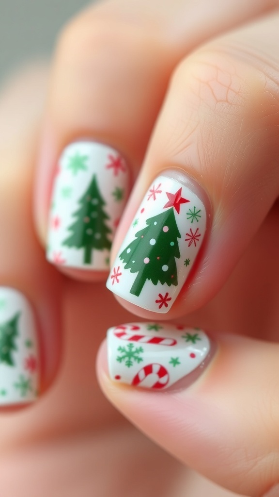 Vintage Christmas nail art on short nails with snowflakes, trees, and candy canes in festive colors.